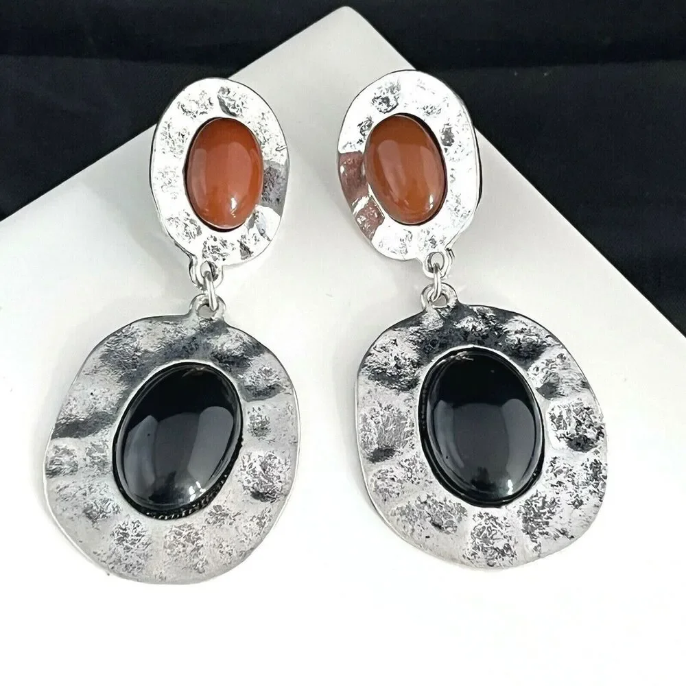 Vintage 1980s Clip Earrings Cabochon Hammered Silver Tone Dangle Statement - 6E